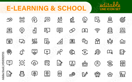 Education set of web icons in line style. Learning icons for web and mobile app. E-learning, video tutorial, knowledge, study, school, university, webinar, online education.