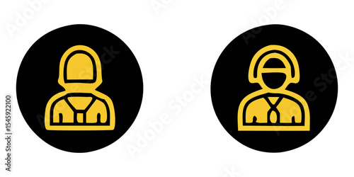 Two oval shapes with stylized figures wearing head coverings and ties in a gold color scheme