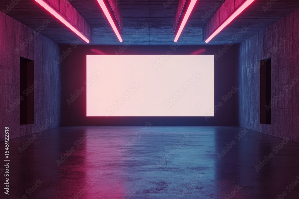 Neon lit empty room with blank screen large space modern design Neon lit empty room with blank screen large space modern design