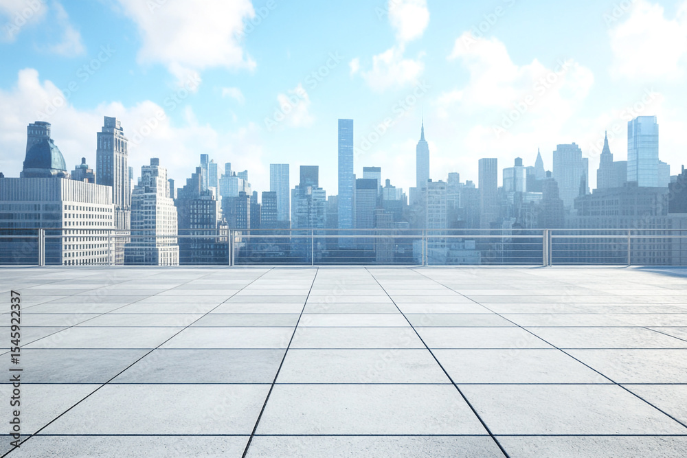 Fototapeta premium Rooftop view of a city skyline on a sunny day showing modern buildings and a clear blue sky