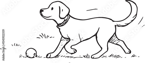 Graceful black-and-white sketch of a puppy walking in a park, perfect for pet designs or kids' illustrations. Highlights a serene stroll in a natural outdoor environment