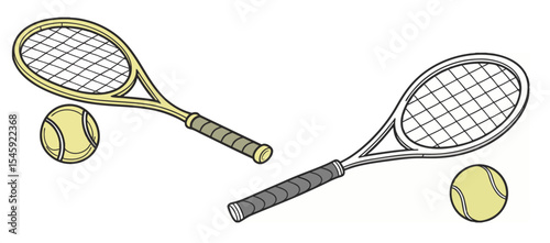Two tennis rackets and two balls one in color and one in black and white on a white background