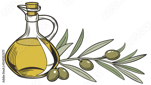 A glass bottle filled with golden liquid next to a branch with green fruits and long slender leaves