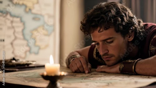 Alexander the Great Ancient strategist studies maps by candlelight