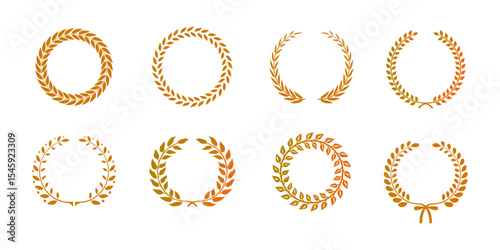 Set of gold silhouette circular laurel foliate and wheat wreaths depicting an award achievement corona palma rome