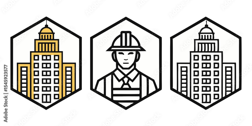 Fototapeta premium Three outlined hexagon frames showcasing building architecture and construction worker icon design