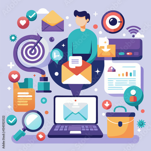 Seamless Multi-Channel Marketing Strategy Illustration Showcasing Integrated Customer Engagement Across Digital, Print, and Social Platforms