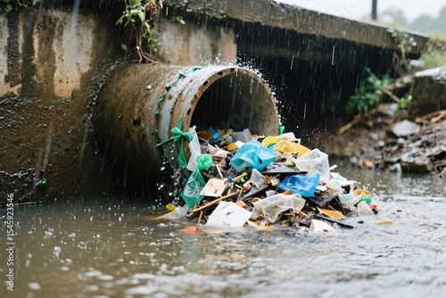 Trash Piled in Rain-Soaked Gutter