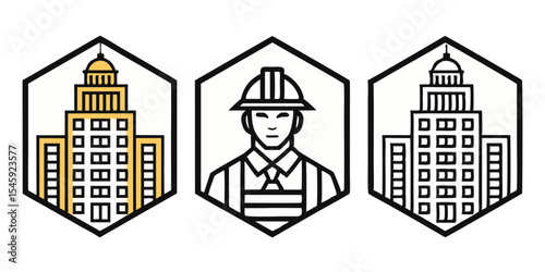Three outlined hexagon frames showcasing building architecture and construction worker icon design