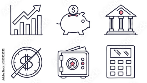 Collection of financial icons depicting growth, savings, banking, and security measures in outline style