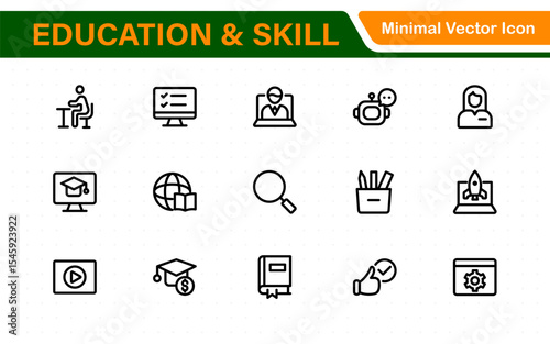 Education set of web icons in line style. Learning icons for web and mobile app. E-learning, video tutorial, knowledge, study, school, university, webinar, online education.