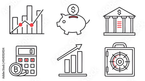 Collection of finance and investment related symbols including charts piggy bank and safe deposit box