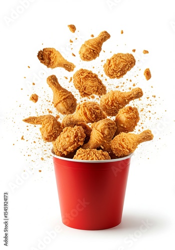 Fried Chicken Drumsticks Bursting from Red Bucket with Crispy Texture and Flying Crumbs on White Background