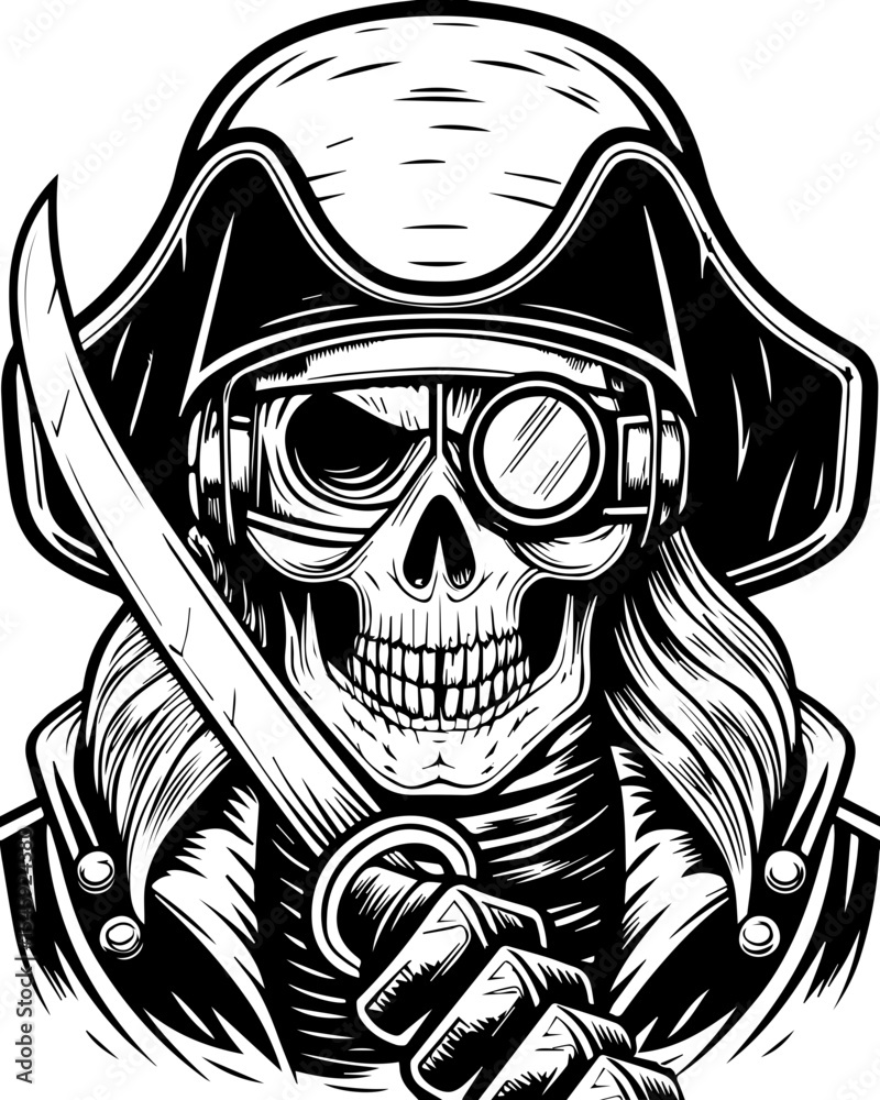 Fototapeta premium SVG of a cyber pirate skull with a futuristic skeleton design. Skull Pirate Holding Sword with Monocle and Hat in Black and White