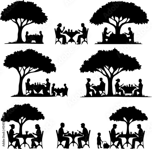 Silhouettes of Families Enjoying Outdoor Meals Under Shady Trees