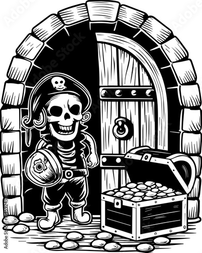 SVG of a cyber pirate skull with a futuristic skeleton design. Pirate Skeleton with Treasure Chest in Spooky Dungeon Setting