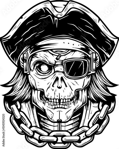 SVG of a cyber pirate skull with a futuristic skeleton design. Detailed Pirate Skull Illustration with Eye Patch and Hat Design