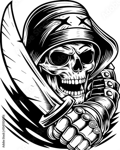 SVG of a cyber pirate skull with a futuristic skeleton design. Fearless Skull Warrior with Knife and Military Helmet Design