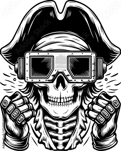 SVG of a cyber pirate skull with a futuristic skeleton design. Skull in Pirate Hat with Futuristic Glasses and Exciting Expression