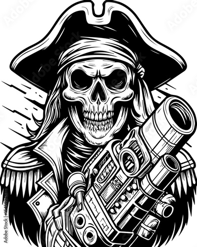 SVG of a cyber pirate skull with a futuristic skeleton design. Skull Pirate with Laser Gun in Vintage Style Illustration