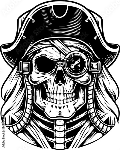 SVG of a cyber pirate skull with a futuristic skeleton design. Detailed Illustration of a Pirate Skull with Hat and Eye Patch