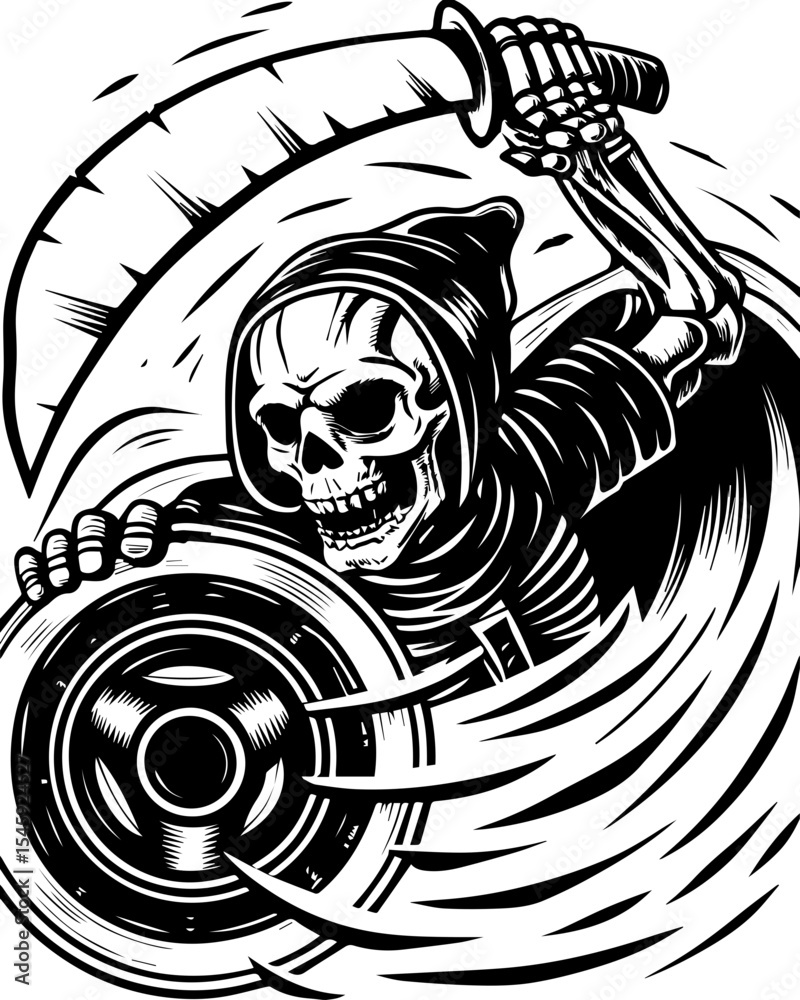 Obraz premium SVG of a cyber pirate skull with a futuristic skeleton design. Grim Reaper with Scythe and Wheel in Black and White Art Illustration