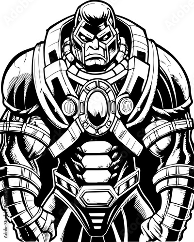 SVG of a cyber pirate skull with a futuristic skeleton design. Powerful Heroic Figure in Black and White Line Art Illustration