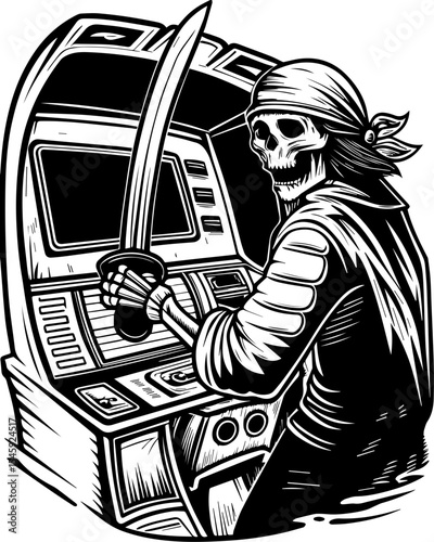 SVG of a cyber pirate skull with a futuristic skeleton design. Skull Pirate Playing Retro Arcade Game in Vintage Illustration Style