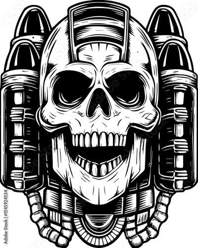 SVG of a cyber pirate skull with a futuristic skeleton design. Intricate Skull Design with Rocket Boosters for Bold Artwork