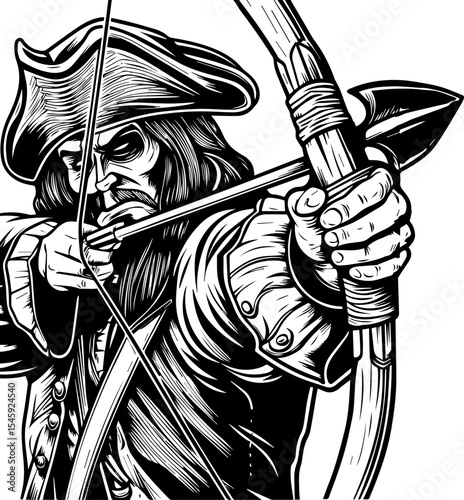 SVG of a cyber pirate skull with a futuristic skeleton design. Vintage Pirate Archer in Action with Bow and Arrow Illustration
