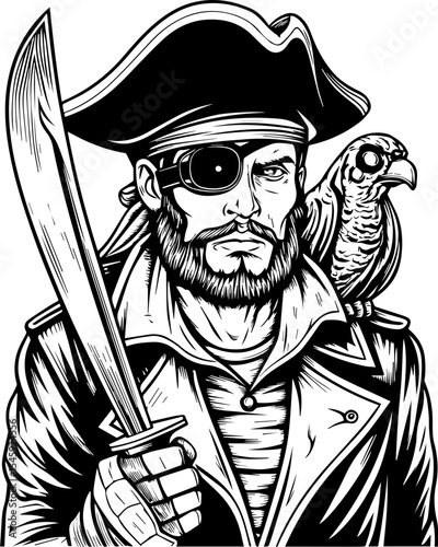 SVG of a cyber pirate skull with a futuristic skeleton design. Pirate with Sword and Parrot in Black and White Vintage Style