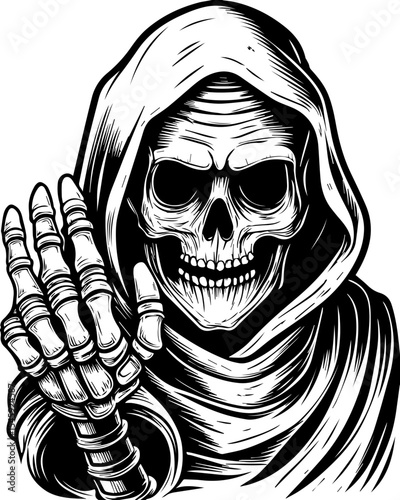 SVG of a cyber pirate skull with a futuristic skeleton design. Grim Reaper Skeleton in Hood with Outstretched Bony Hand Gesture