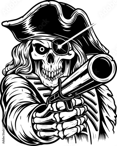 SVG of a cyber pirate skull with a futuristic skeleton design. Skull Pirate Character with Gun and Hat in Vintage Style