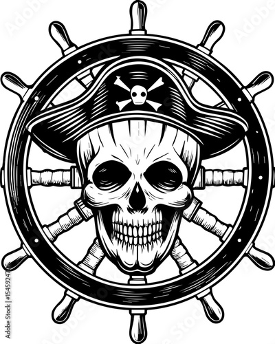 SVG of a cyber pirate skull with a futuristic skeleton design. Skull with Pirate Hat and Ship Wheel in Vintage Monochrome Style