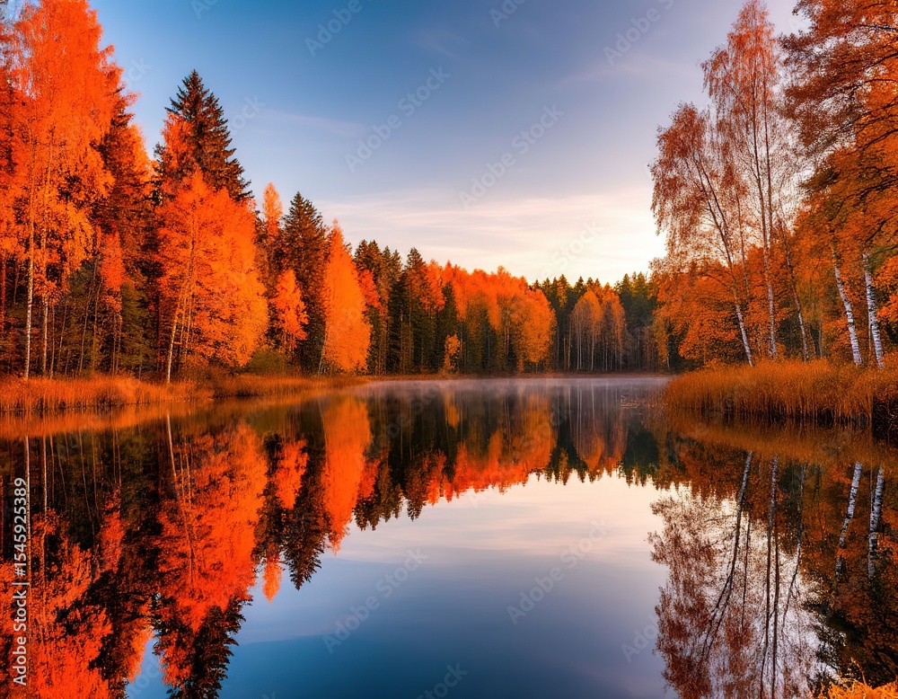 Obraz premium autumn forest reflected in the lake. orange trees and water. landscape nature beauty.