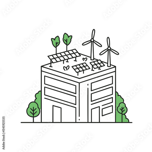 Sustainable Green City Building with Solar Panels, Wind Turbines, and Urban Greenery - A Modern Eco-Friendly Architectural Design for Renewable Energy and Environment