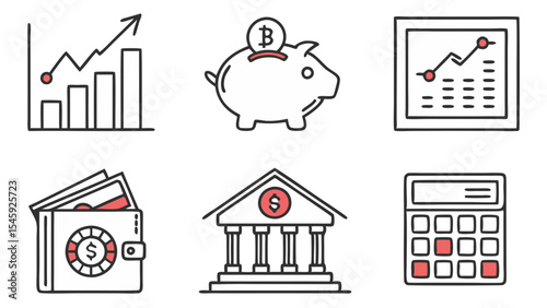 Depicts financial planning elements including a graph, piggy bank, wallet, bank, and calculator