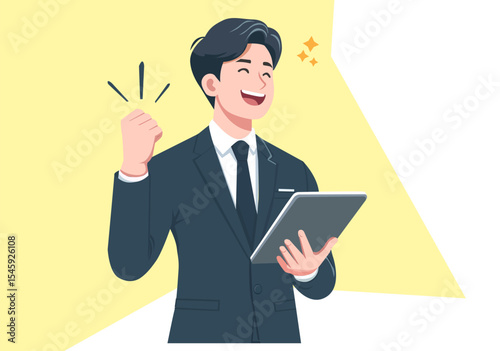 Businessman holding tablet and expressing his joy at his success
