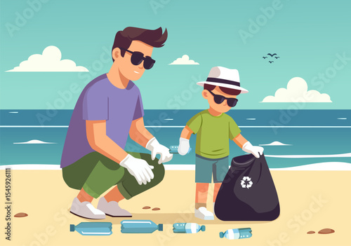 Father teaches his son to volunteer by picking up trash on the beach.
