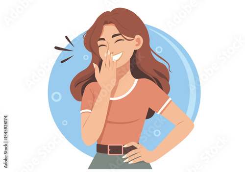 A woman is laughing with her hand covering her mouth.