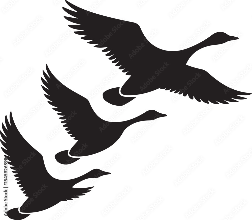 Obraz premium Flying Goose Silhouette Trio Wild Bird Vector Icons in Formation Isolated on White
