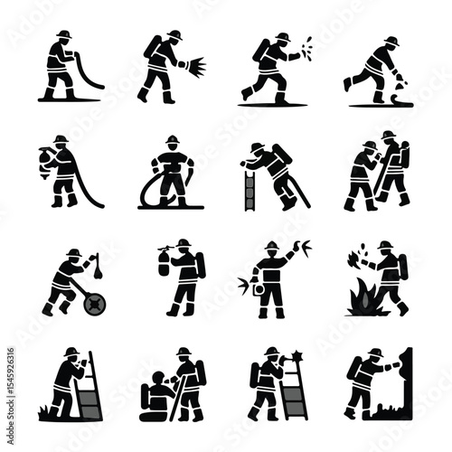 Set of 16 Firefighter Silhouettes – Ideal for Signage, Apps & Fire Safety Education

