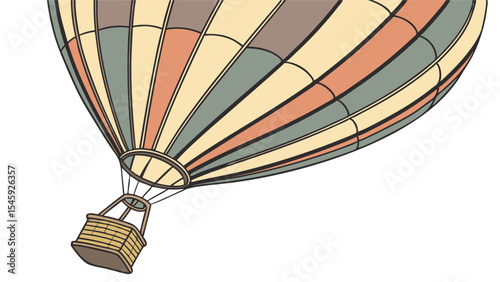 A view of a colorful hot air balloon with a basket hanging below against a plain white backdrop view