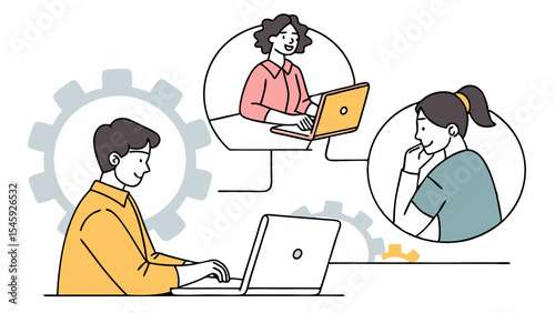 Man typing on laptop with gear background and two women communicating online with their laptops