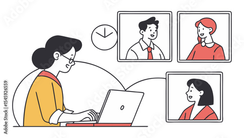 Woman using laptop for video conference with three people displayed in separate rectangular frames