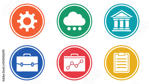 Collection of six oval icons with different symbols including gear cloud bank briefcase and clipboard