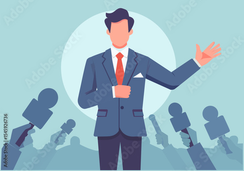 Illustration of a man in a suit giving an interview to the media.