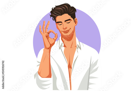 A young man makes an OK sign with a smile and a satisfied expression.