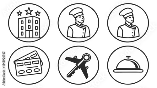 Collection of travel and hospitality related icons including hotel chef airplane and credit cards in circles