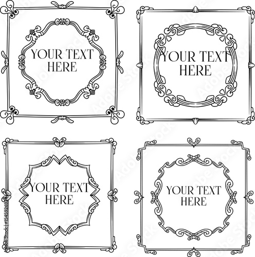 four vintage frames with square shape and ornament in the middle